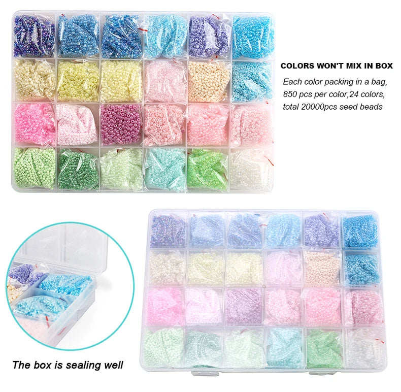 20000PCS 2mm Glass Seed Beads Jewelry Making Kit – Multicolor Tiny Beads Set