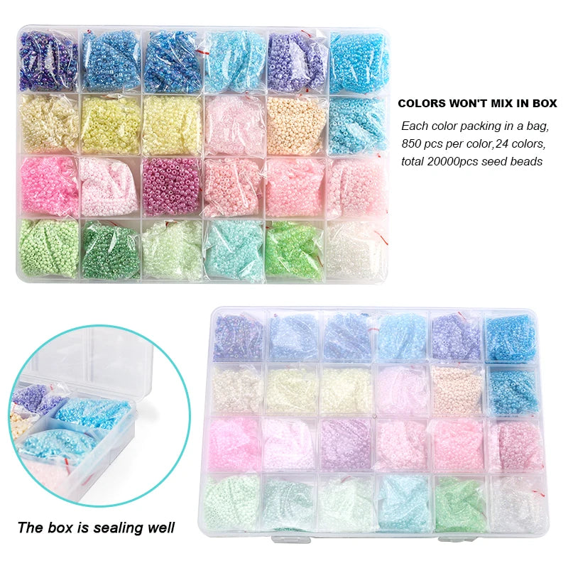 20000PCS 2mm Glass Seed Beads Jewelry Making Kit – Multicolor Tiny Beads Set