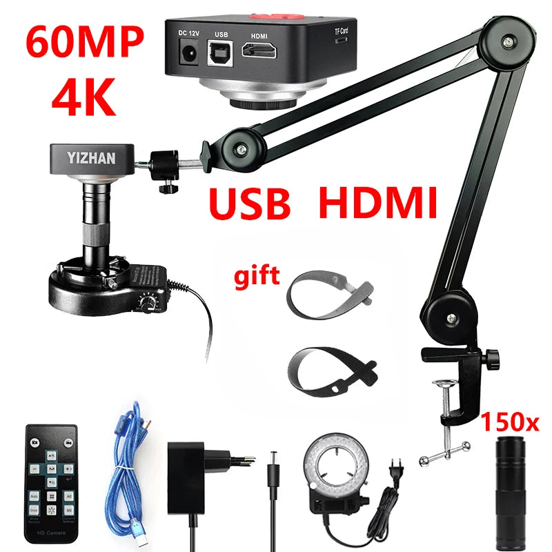 Microscope With 360° Adjustable Arm, 4K 48MP HDMI TYPE-C  0-150X Magnification
