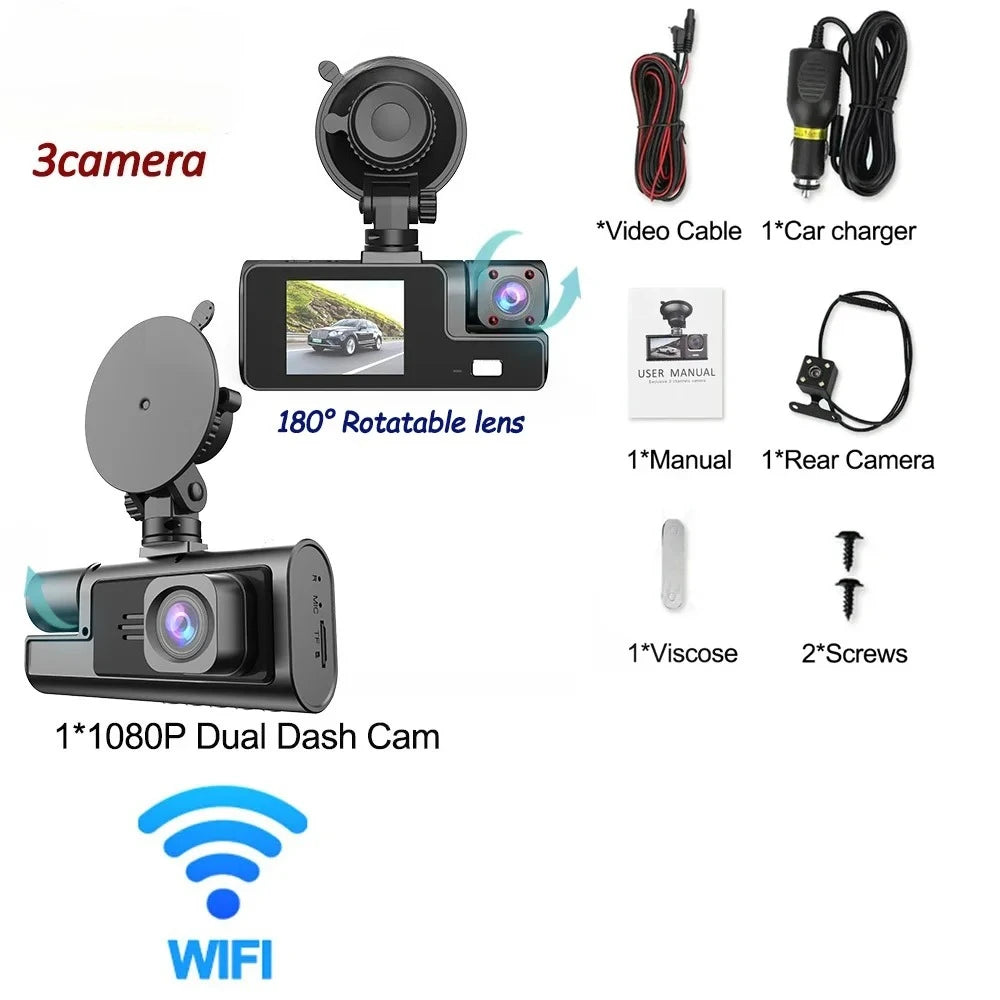 Triple Lens 1080P WiFi Dash Cam with Front, Rear & Cabin Recording, Night Vision