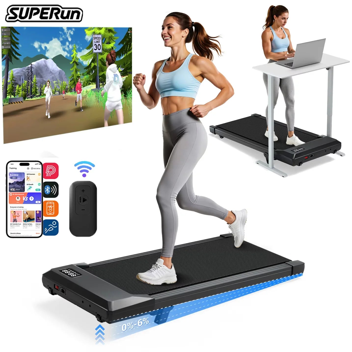 Treadmills 2.5 HP Quiet Walking Pad Under Desk Foldable 6% Slope Portable
