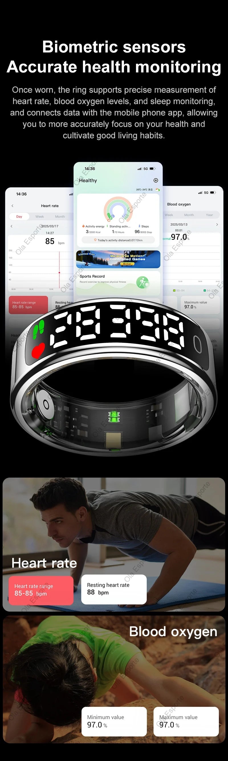 For Smart Ring Hd Screen Tiktok Control 5ATM Waterproof for  Smartring forGalaxy Women Men Ring HeartRate Monitor