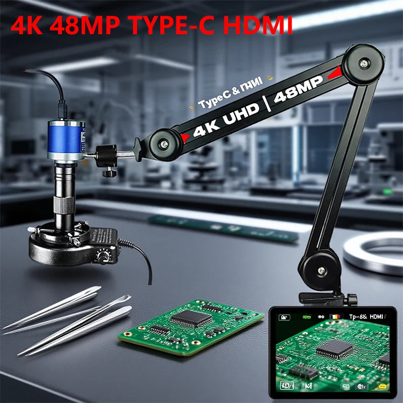 Microscope With 360° Adjustable Arm, 4K 48MP HDMI TYPE-C  0-150X Magnification
