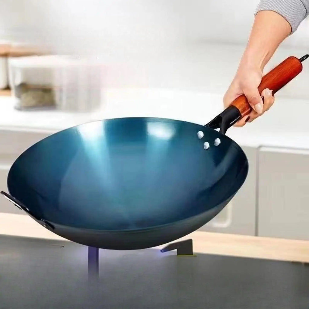 Wok Pan Chef with Wood Handle for Induction Cooker with Lid Traditional Wok for Kitchen Household Home Restaurant Cooking