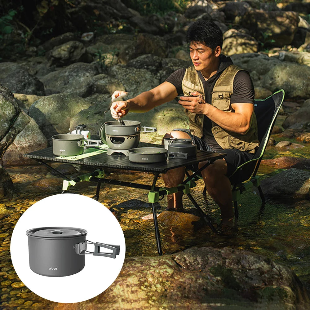 Camping Cooking Pot Aluminum Alloy Camping Cookware with Folding Handle for Camping Picnic Hiking