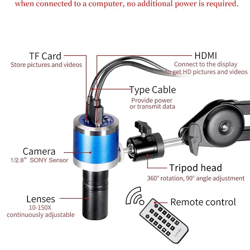 Microscope With 360° Adjustable Arm, 4K 48MP HDMI TYPE-C  0-150X Magnification