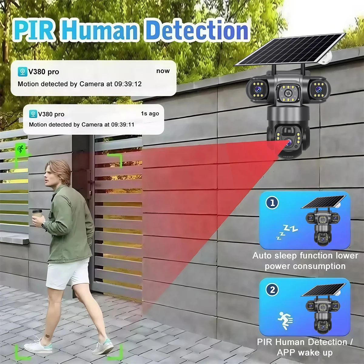 15MP 8K Solar Security Camera Outdoor – Triple Lens WiFi IP Camera with Night Vision, Two-Way Audio, Human Detection, Waterproof Wireless CCTV Surveillance System