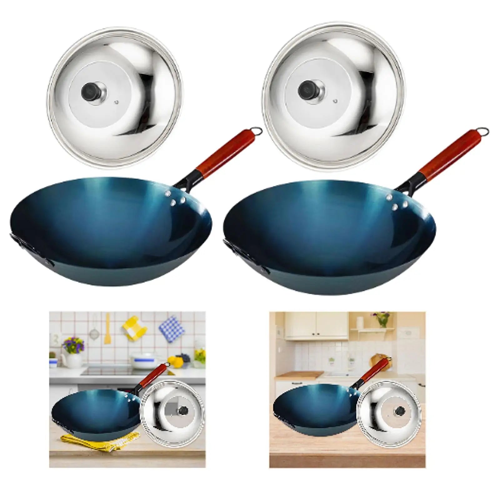 Wok Pan Chef with Wood Handle for Induction Cooker with Lid Traditional Wok for Kitchen Household Home Restaurant Cooking