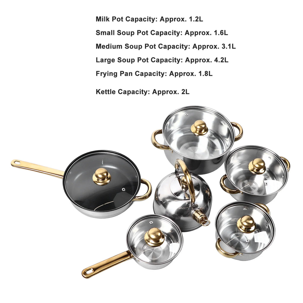 6-Piece Stainless Steel Cookware Set with Gold Handles