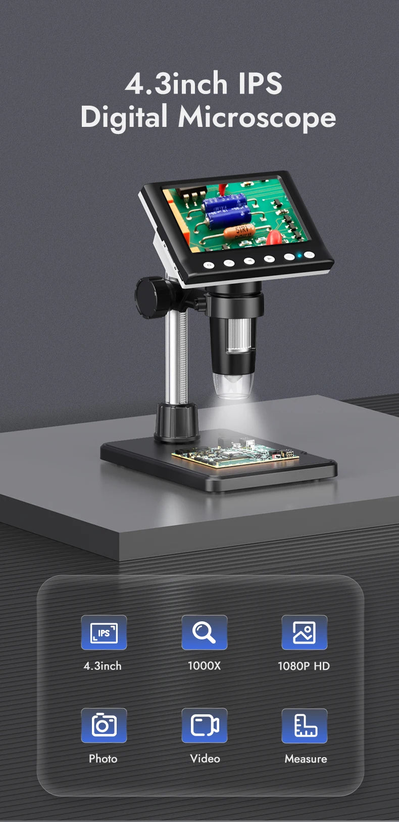 Digital Microscope 4.3'' 1000X Coin Microscope 1080P Video Microscope