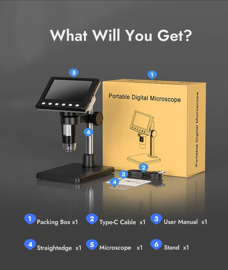 Digital Microscope 4.3'' 1000X Coin Microscope 1080P Video Microscope