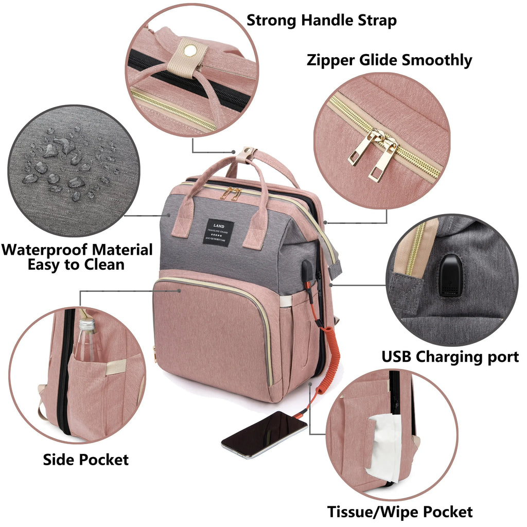 Foldable and Portable Mommy Backpack - with Crib Bed, Straps Large Capacity Diaper Bag