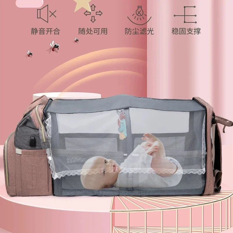Foldable and Portable Mommy Backpack - with Crib Bed, Straps Large Capacity Diaper Bag