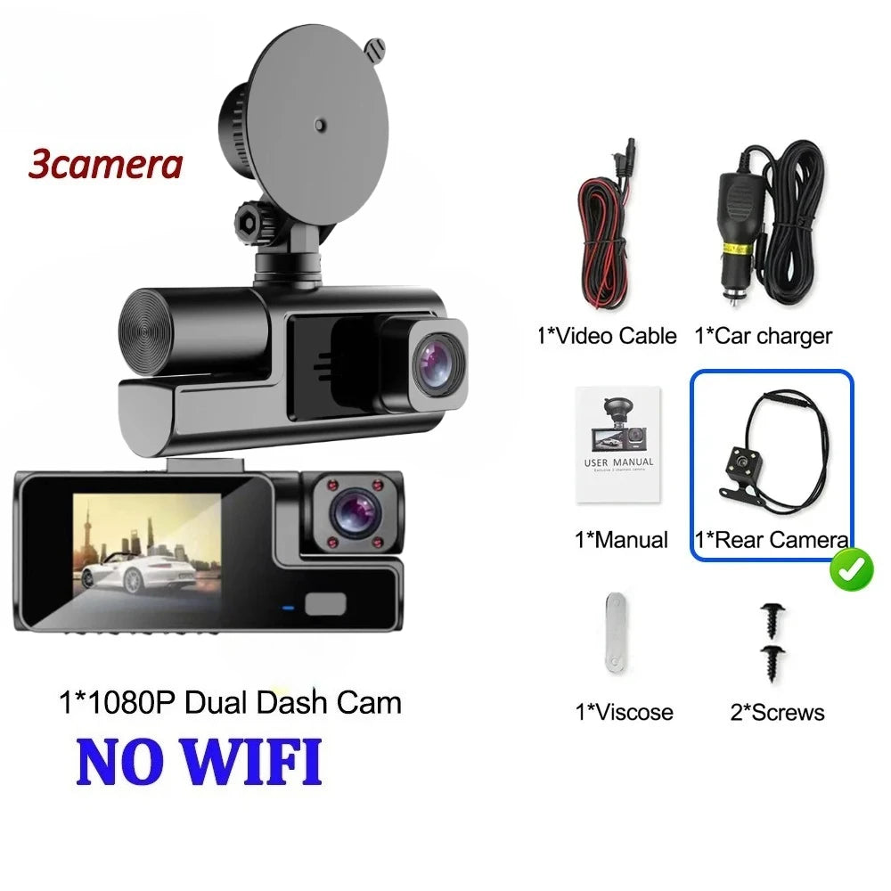 Triple Lens 1080P WiFi Dash Cam with Front, Rear & Cabin Recording, Night Vision