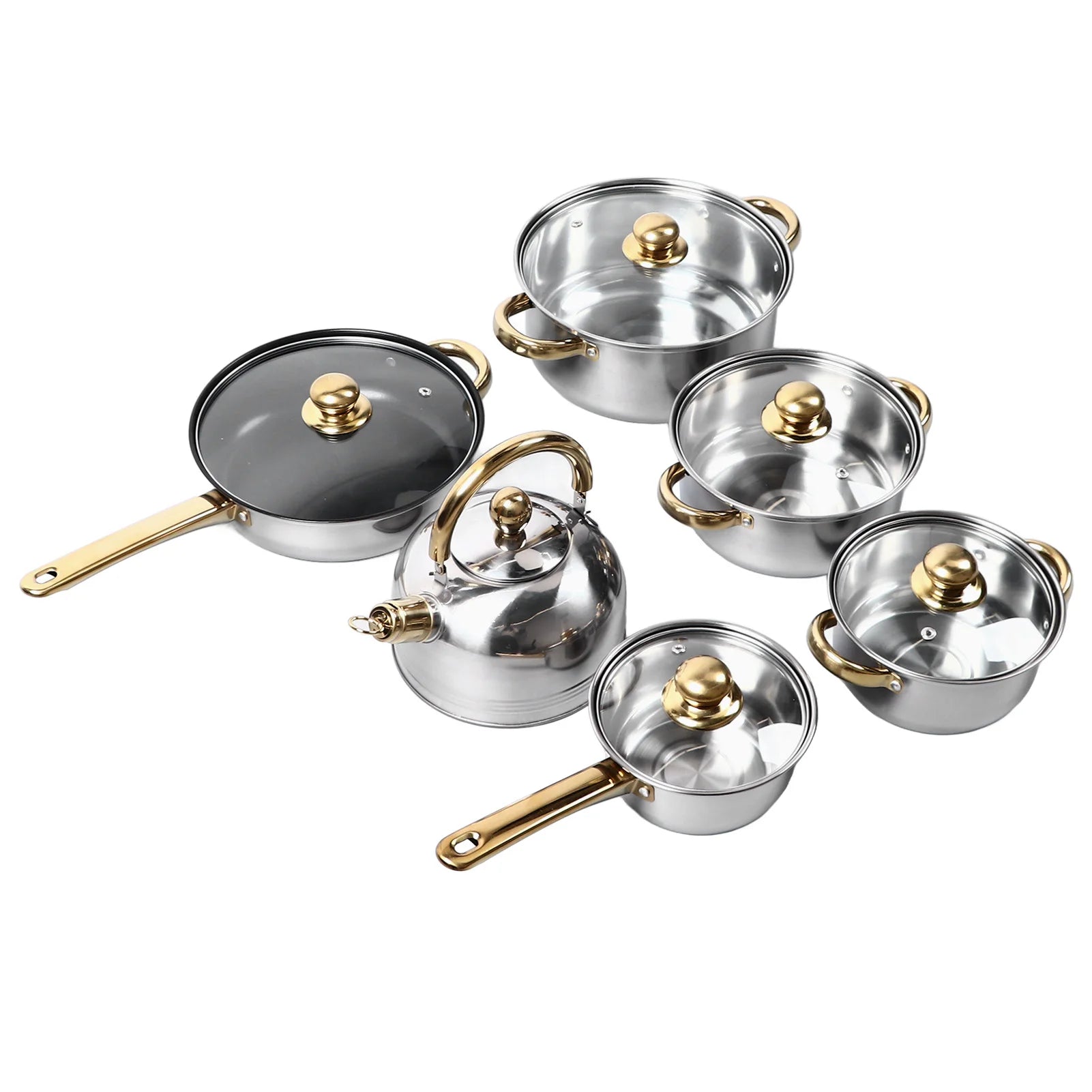 6-Piece Stainless Steel Cookware Set with Gold Handles