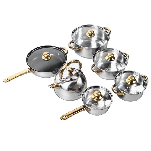 6-Piece Stainless Steel Cookware Set with Gold Handles