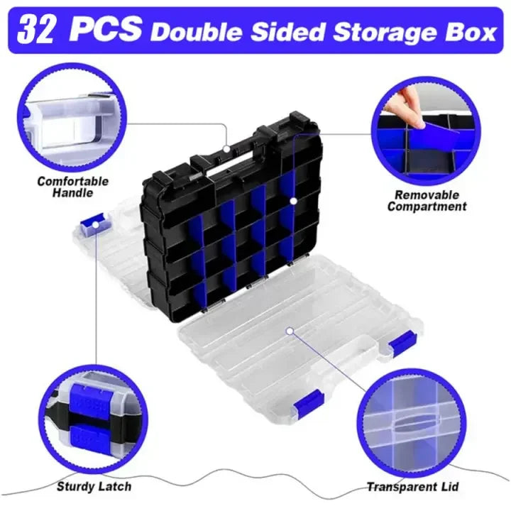 Organizer with clear flip-top lid 32-compartment durable Ideal for screws buttons