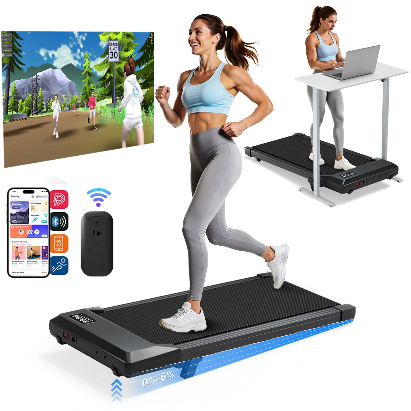 Treadmills 2.5 HP Quiet Walking Pad Under Desk Foldable 6% Slope Portable