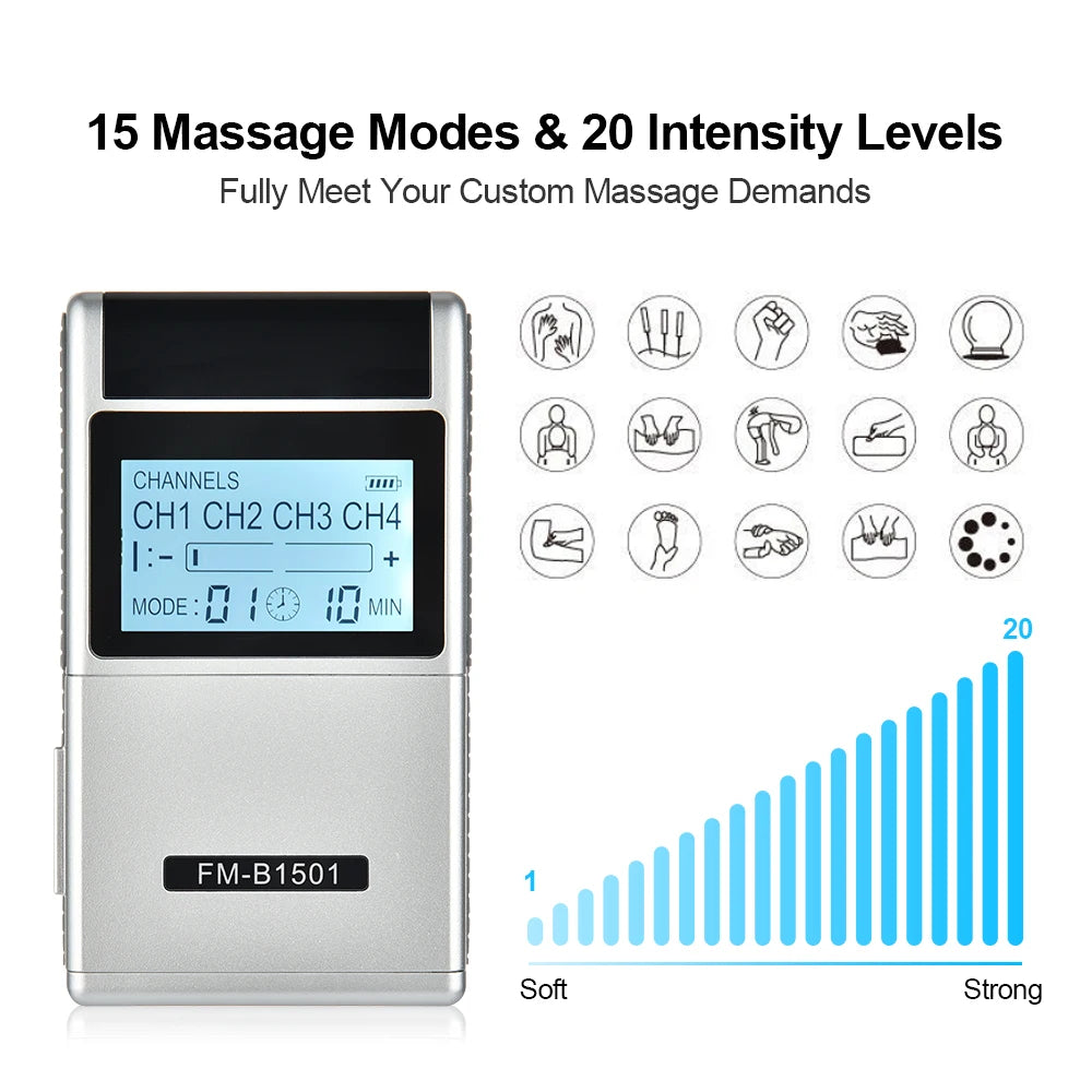 15 Mode EMS & TENS Muscle Stimulator – Electric Pulse Massager for Full Body Pain Relief, Physiotherapy Device with Adjustable Intensity for Back, Neck, Shoulder & Muscle Recovery
