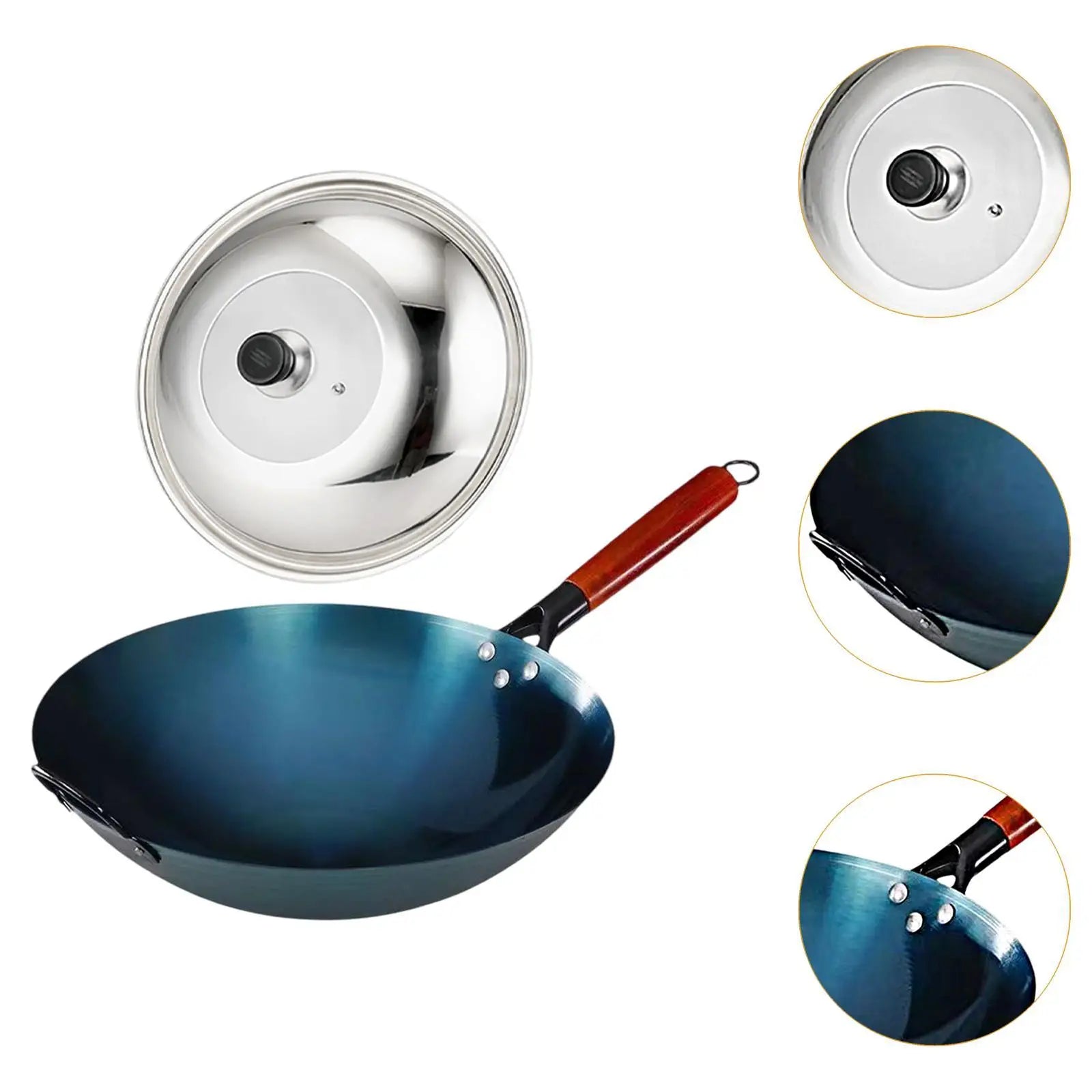 Wok Pan Chef with Wood Handle for Induction Cooker with Lid Traditional Wok for Kitchen Household Home Restaurant Cooking