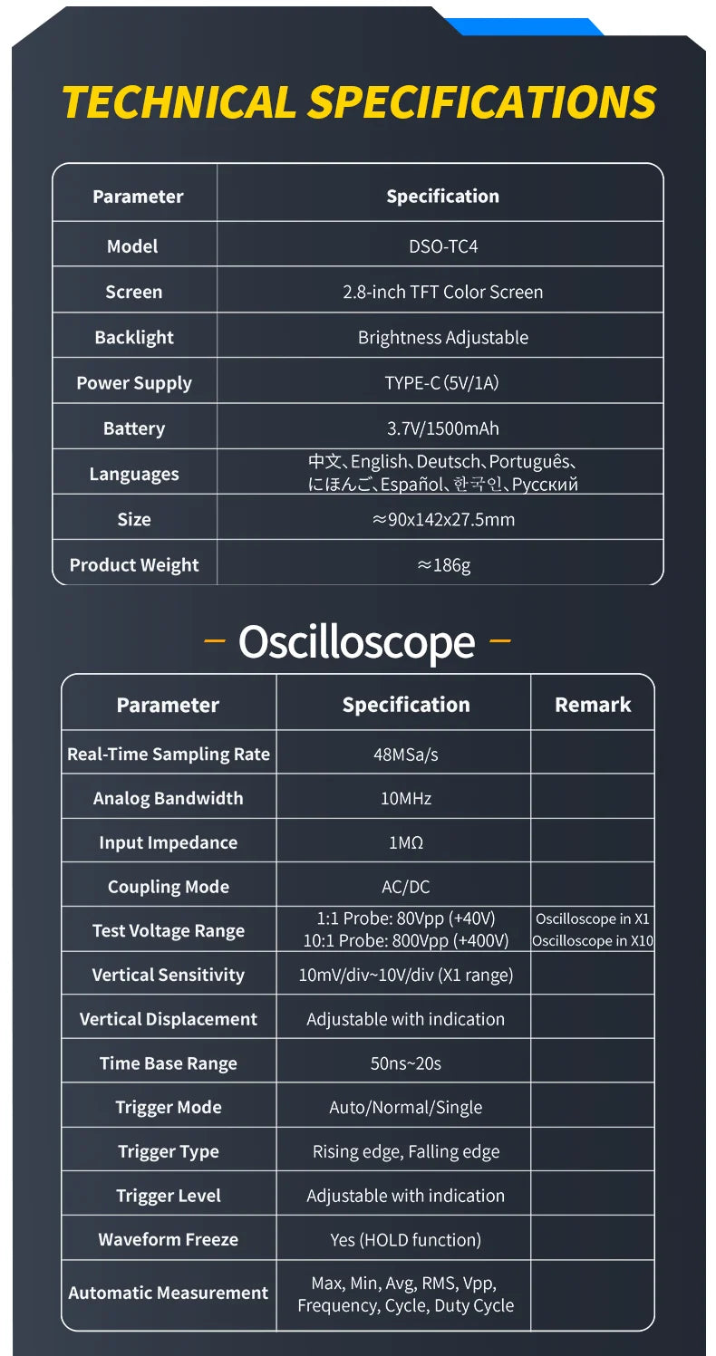 Digital Oscilloscope DSO-TC4 Upgrade 3 in 1  10MHz 48Ms/s Transistor Tester
