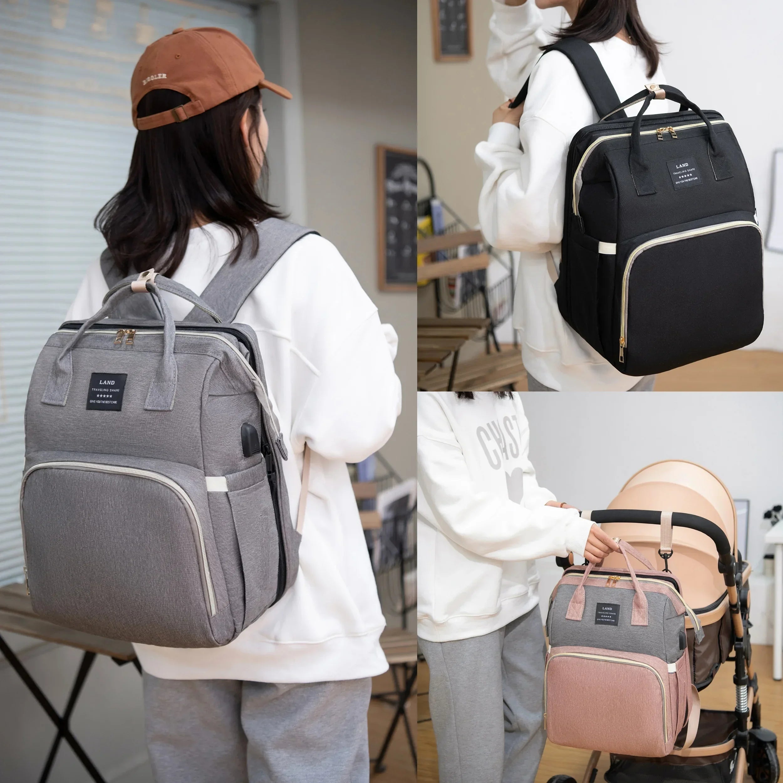 Foldable and Portable Mommy Backpack - with Crib Bed, Straps Large Capacity Diaper Bag