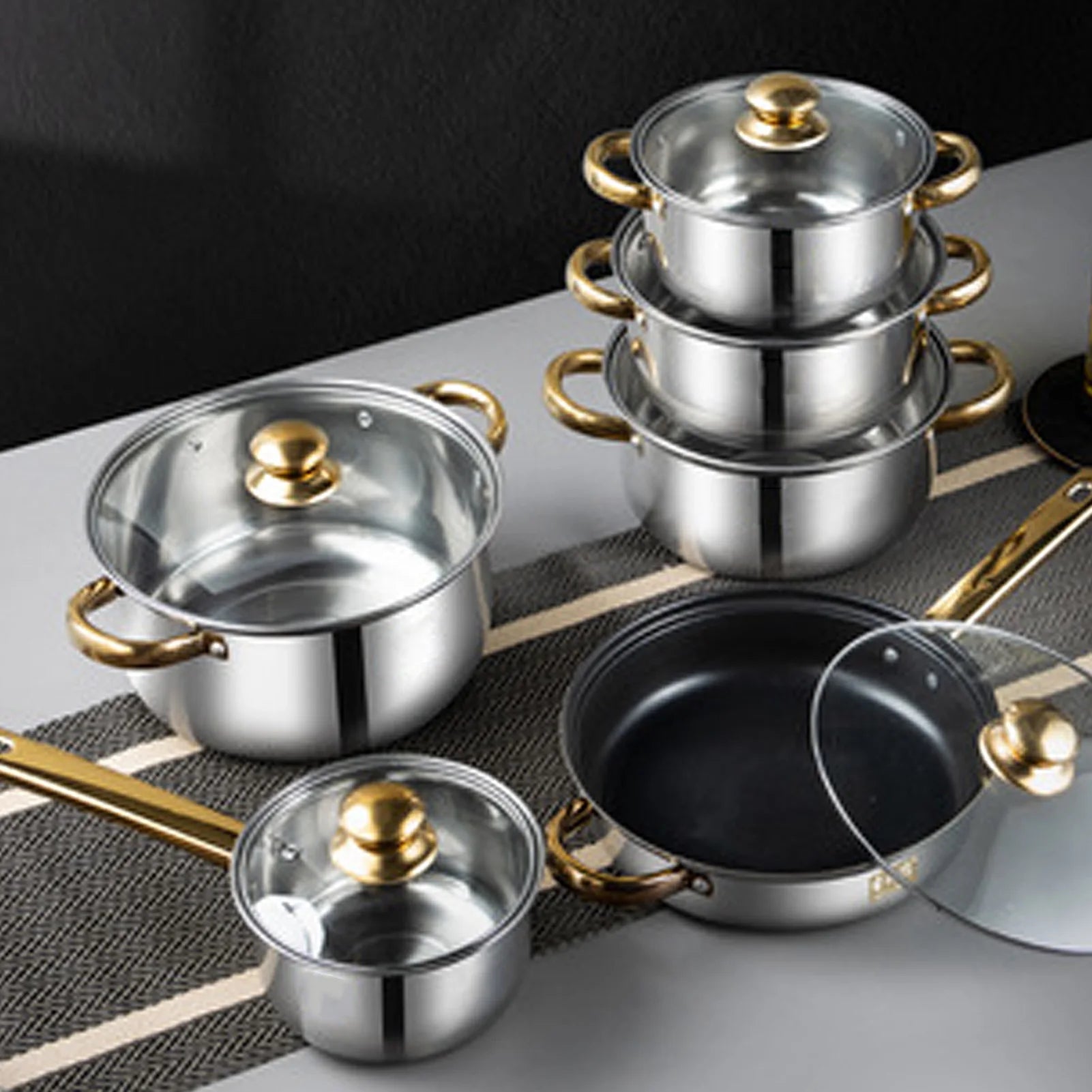 6-Piece Stainless Steel Cookware Set with Gold Handles