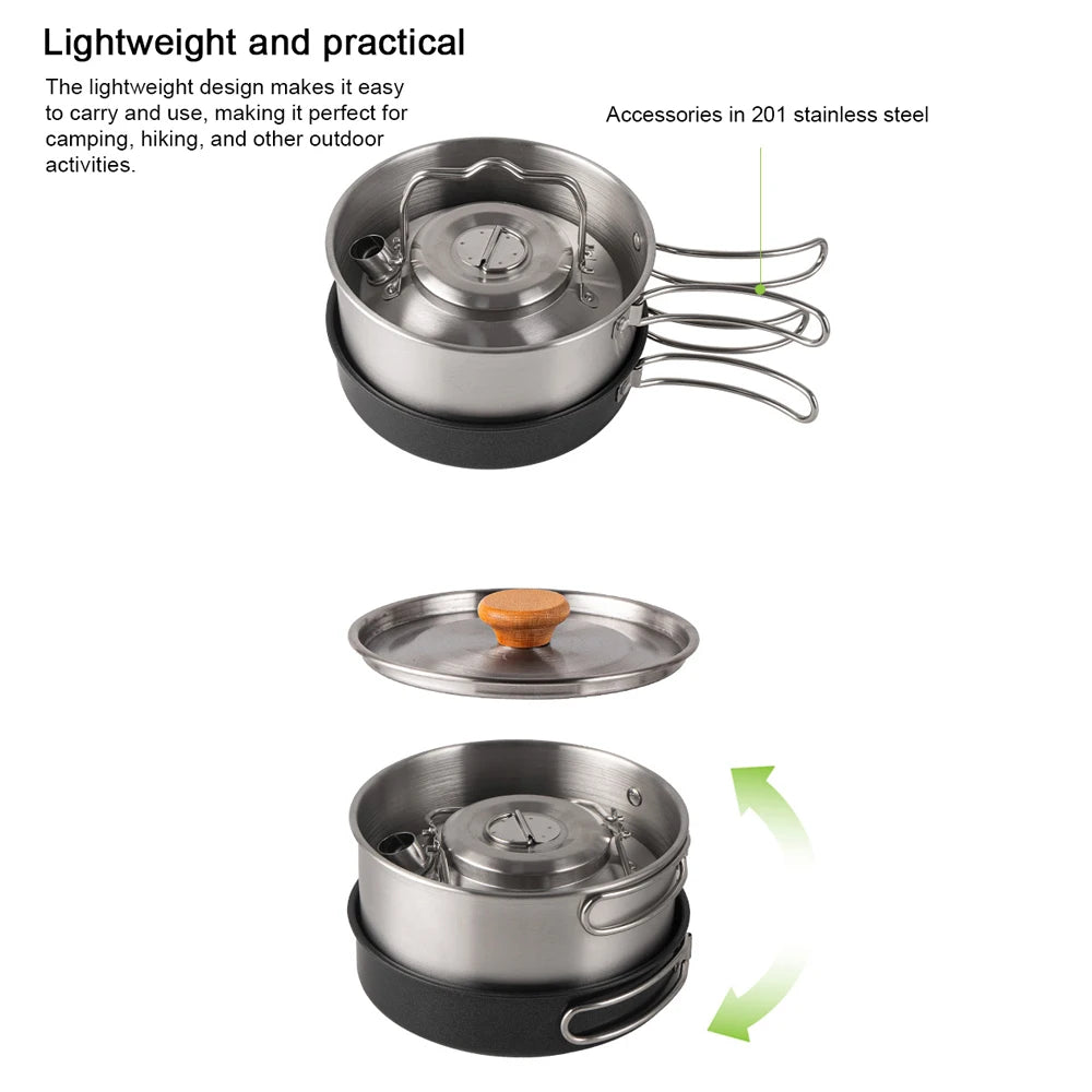 Camping Cookware Set Outdoor Picnic Cookware Kit Stainless Steel Pot Frying Pan Kettle Set Travel Cooking Accessory
