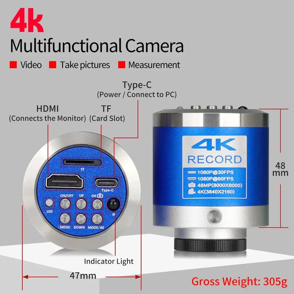 Microscope With 360° Adjustable Arm, 4K 48MP HDMI TYPE-C  0-150X Magnification