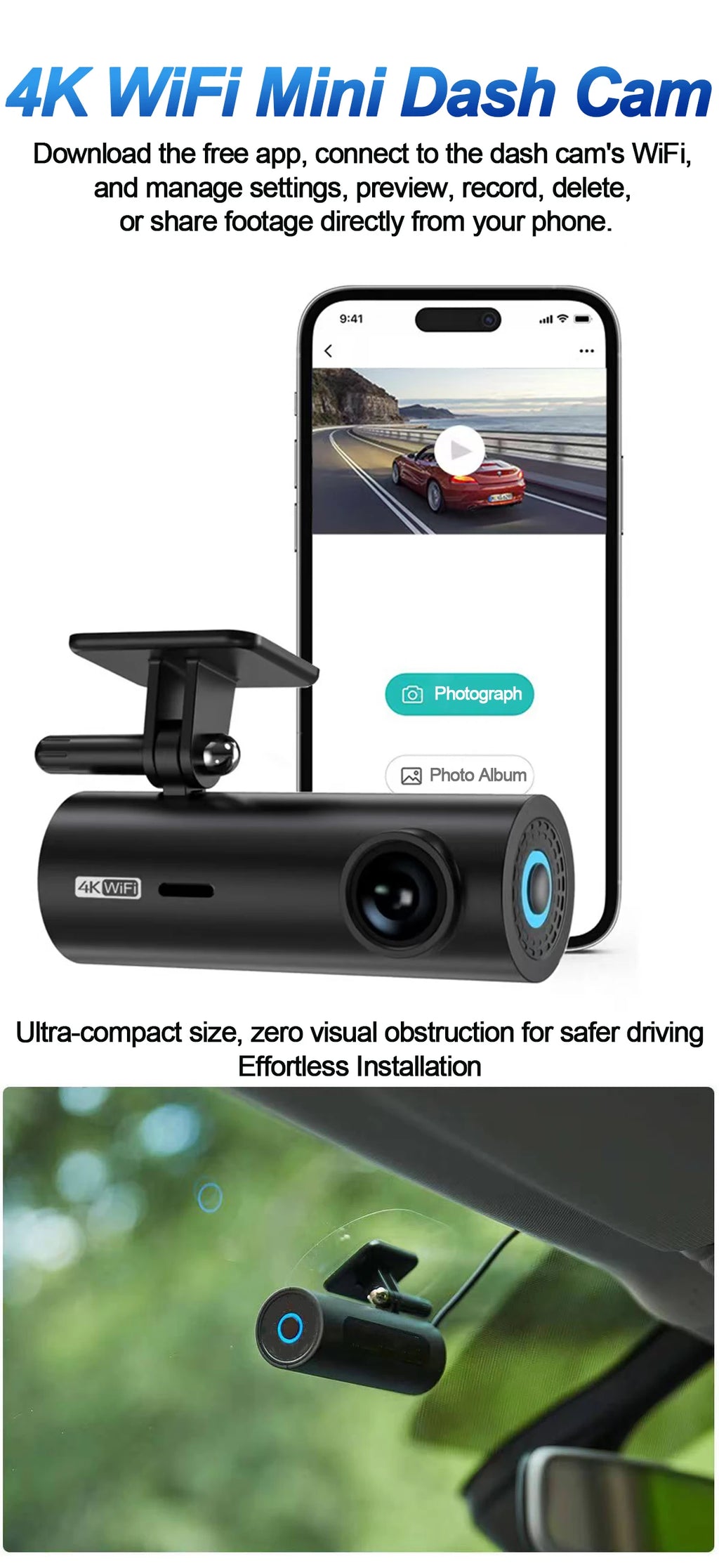 Dash Cam Video Recorders 4K WiFi Mini Front Camera