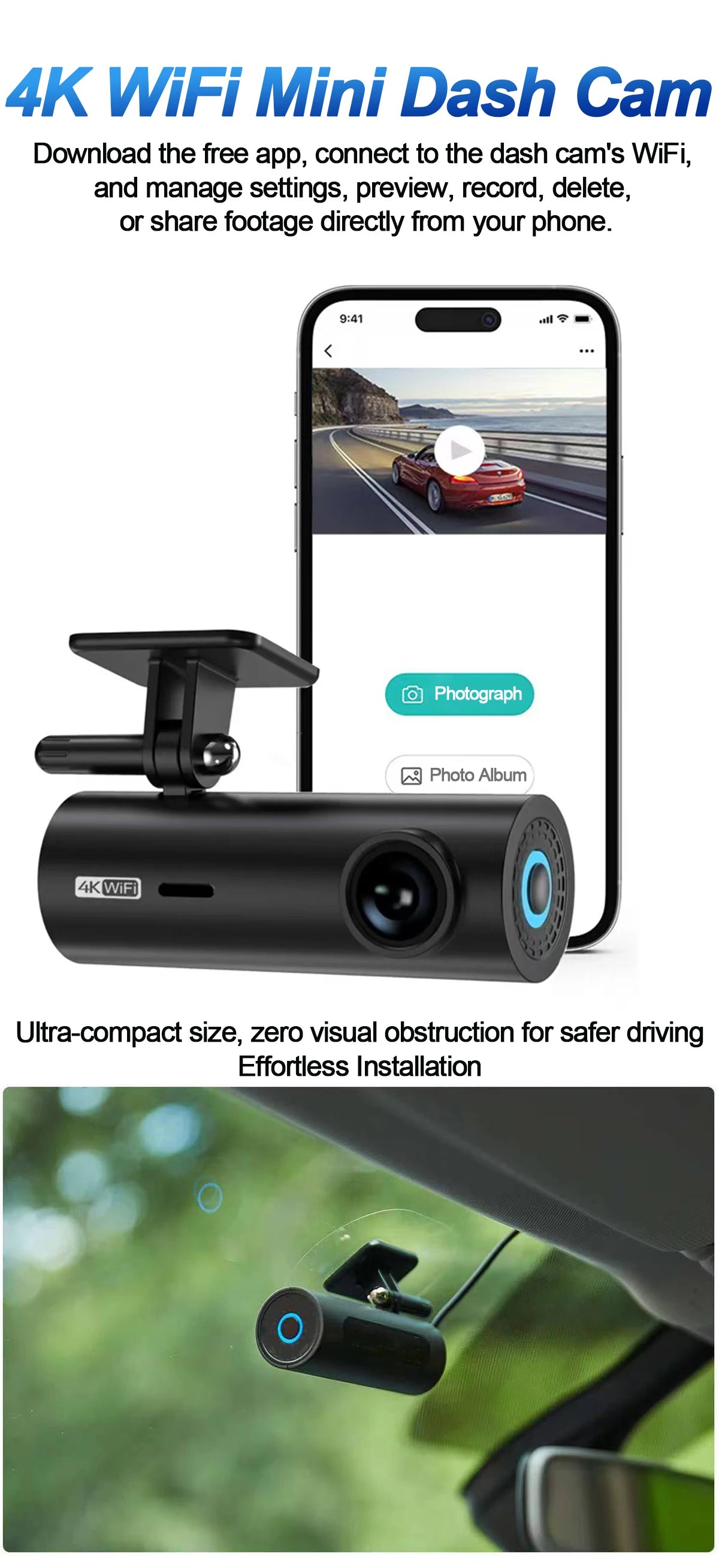 Dash Cam Video Recorders 4K WiFi Mini Front Camera