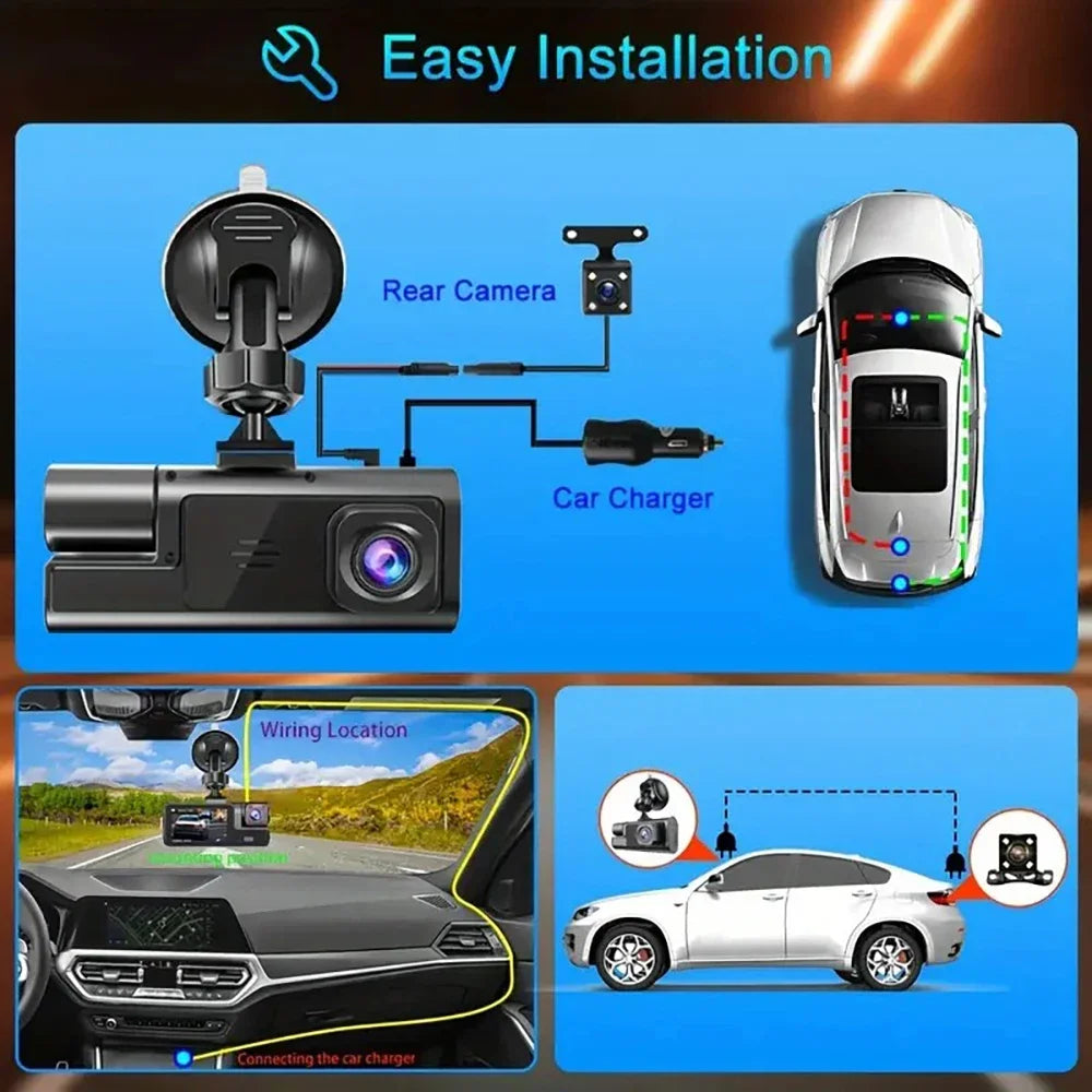 Triple Lens 1080P WiFi Dash Cam with Front, Rear & Cabin Recording, Night Vision