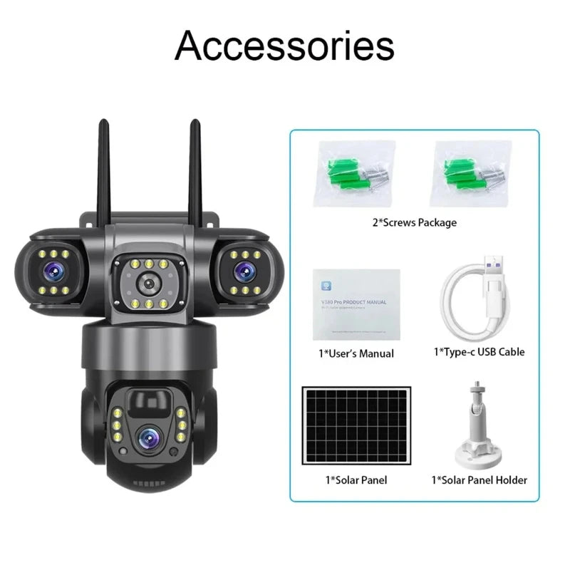 Solar Security Camera Outdoor 15MP 8K  – Triple Lens WiFi IP Camera with Night Vision