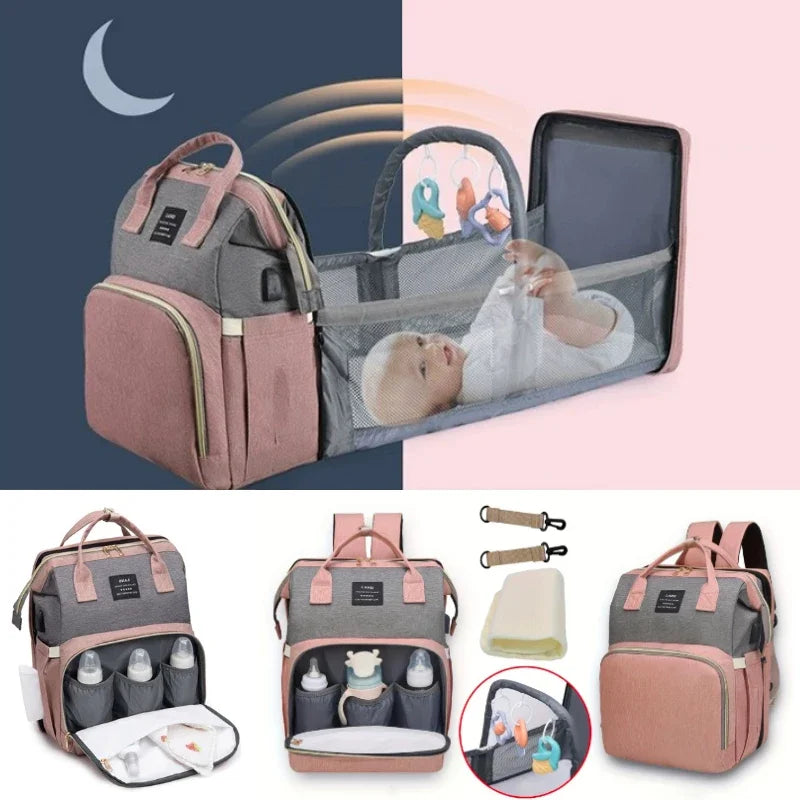 Foldable and Portable Mommy Backpack - with Crib Bed, Straps Large Capacity Diaper Bag
