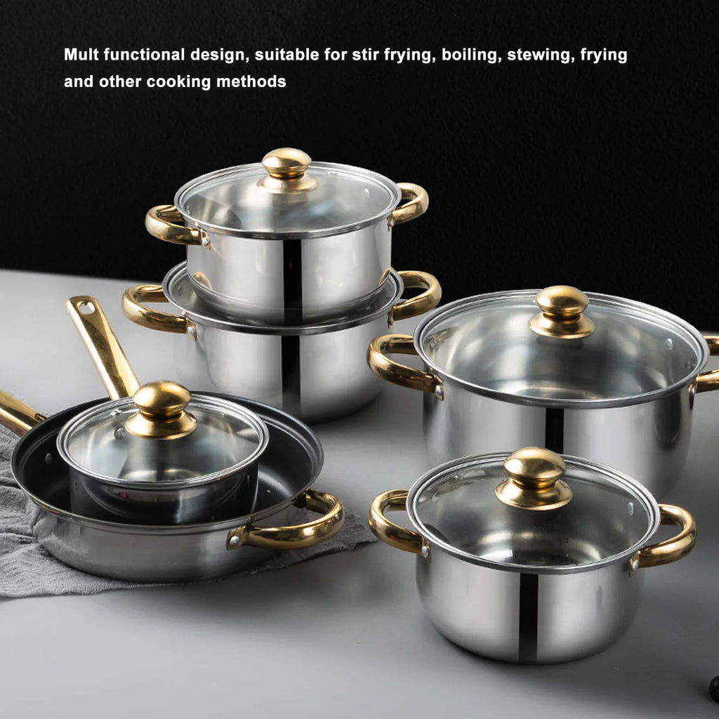 6-Piece Stainless Steel Cookware Set with Gold Handles