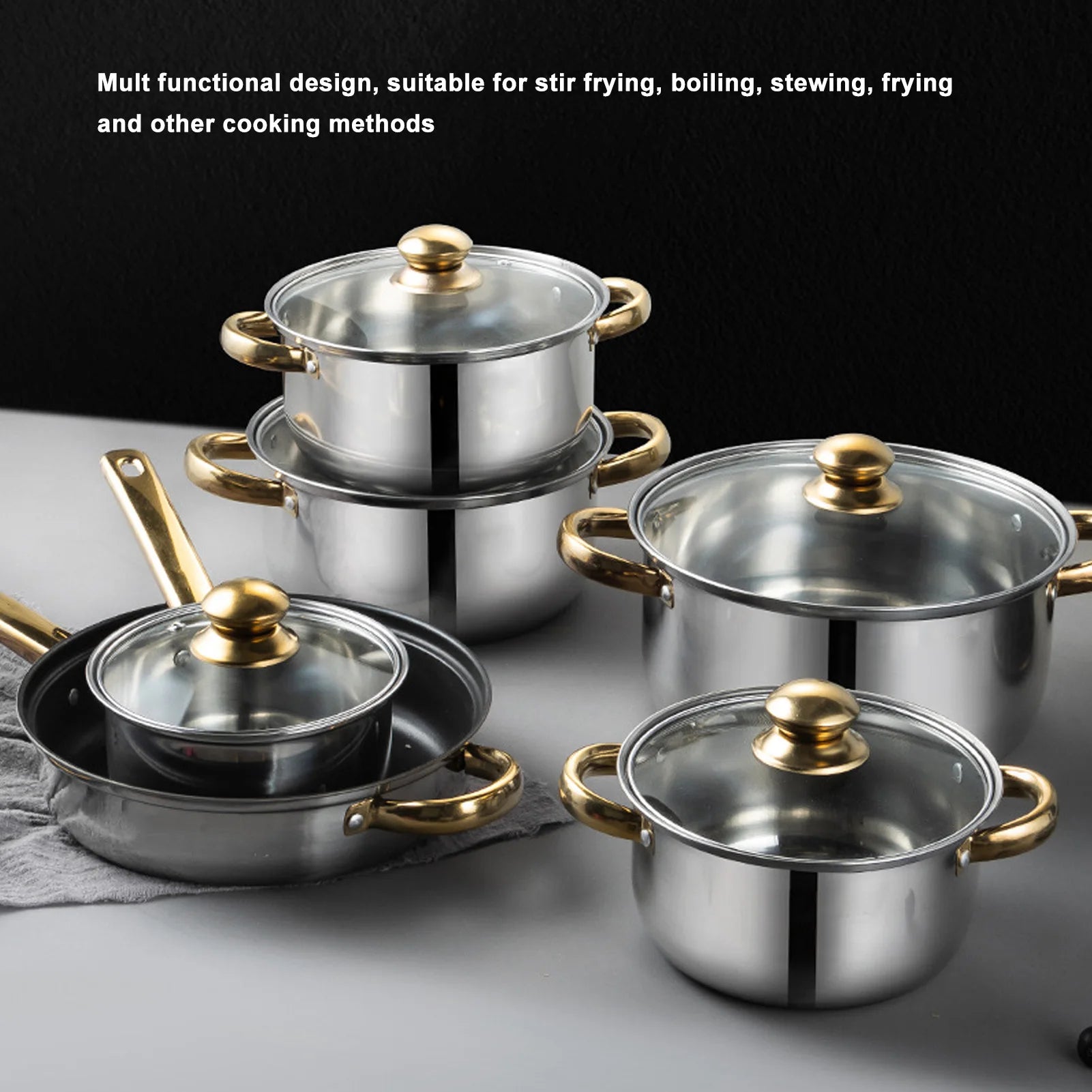 6-Piece Stainless Steel Cookware Set with Gold Handles
