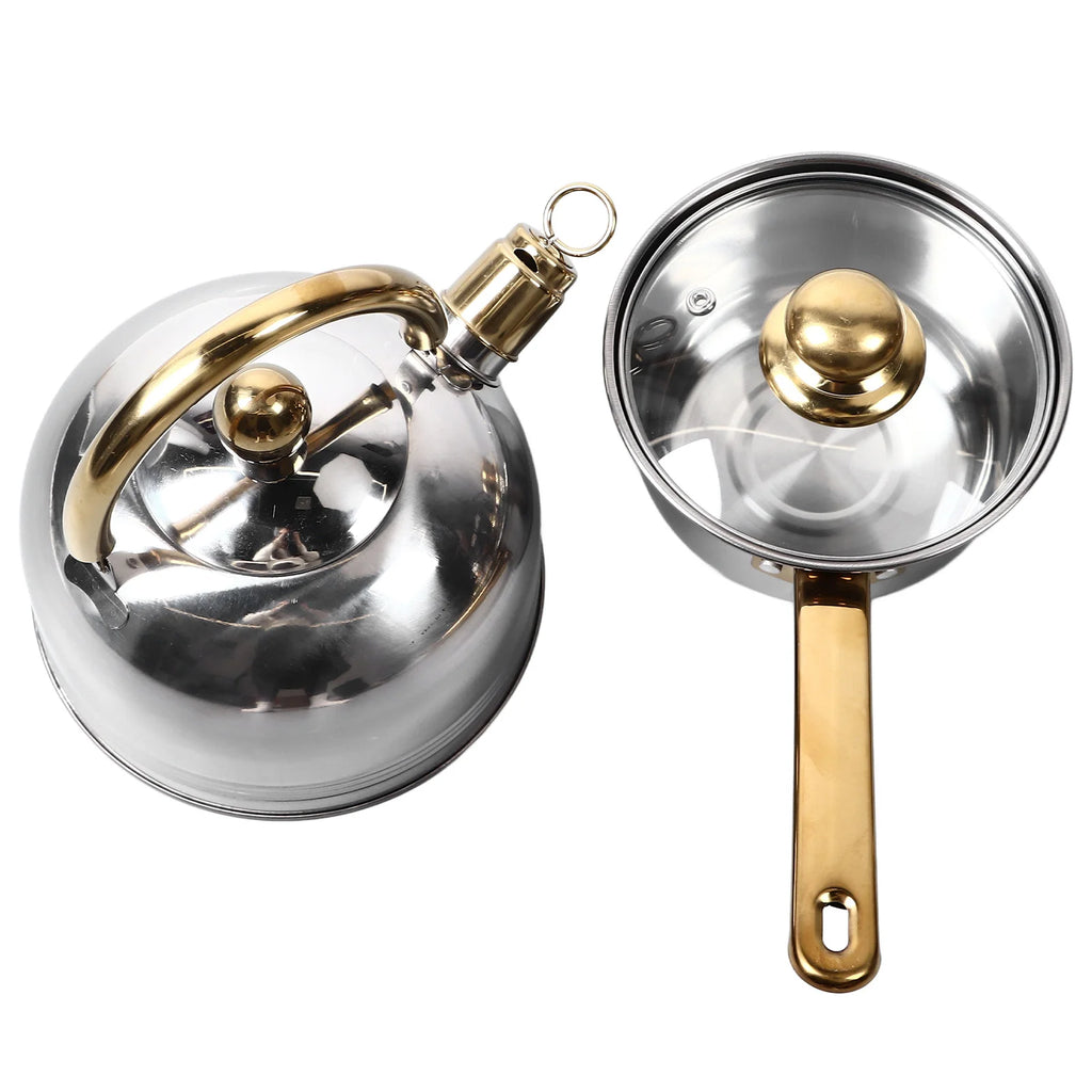 6-Piece Stainless Steel Cookware Set with Gold Handles
