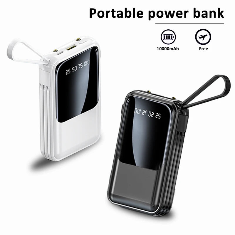 Portable power bank built-in 4 charging 10000mAh cables LED light Type-C/USB