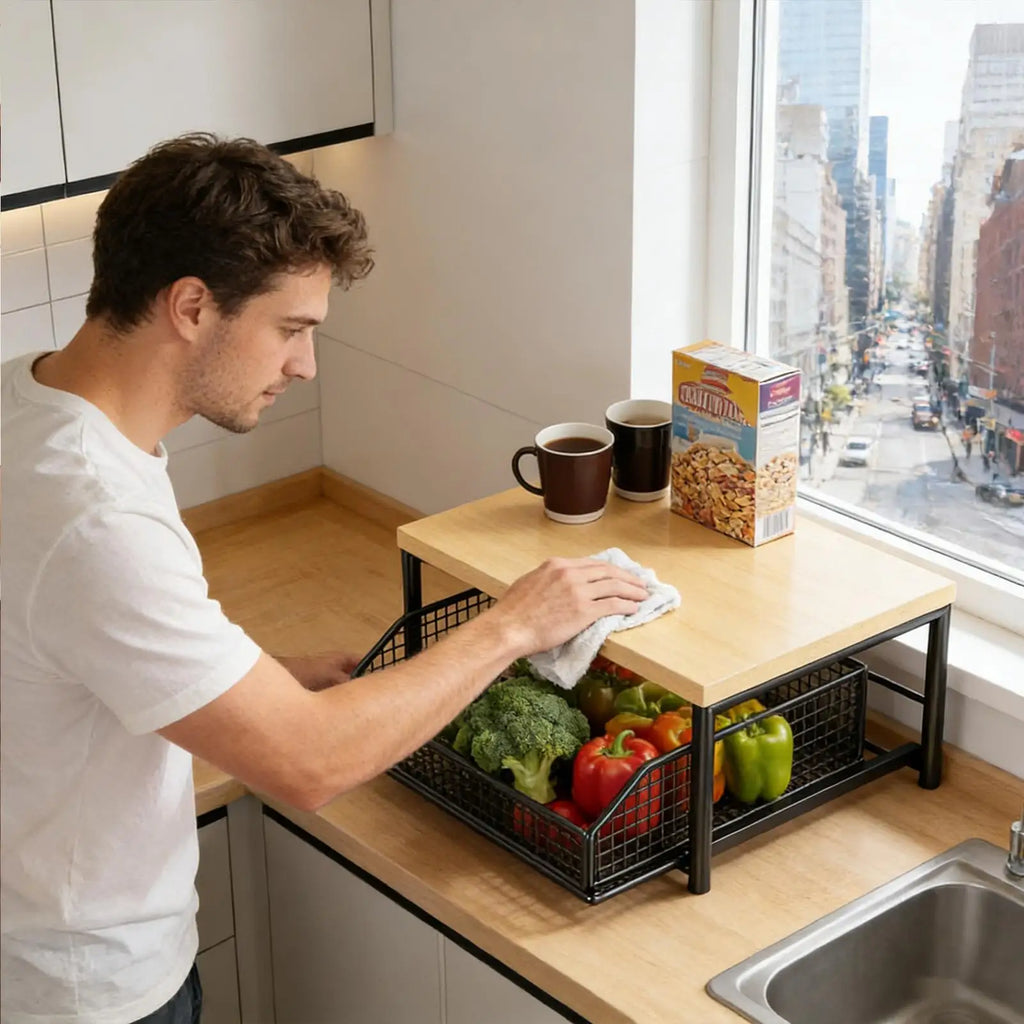 Kitchen Storage Rack Standing Shelf with Drawer for Fruits Vegetables Microwave Oven Pots Dishes Spices Organizer Home Apartment
