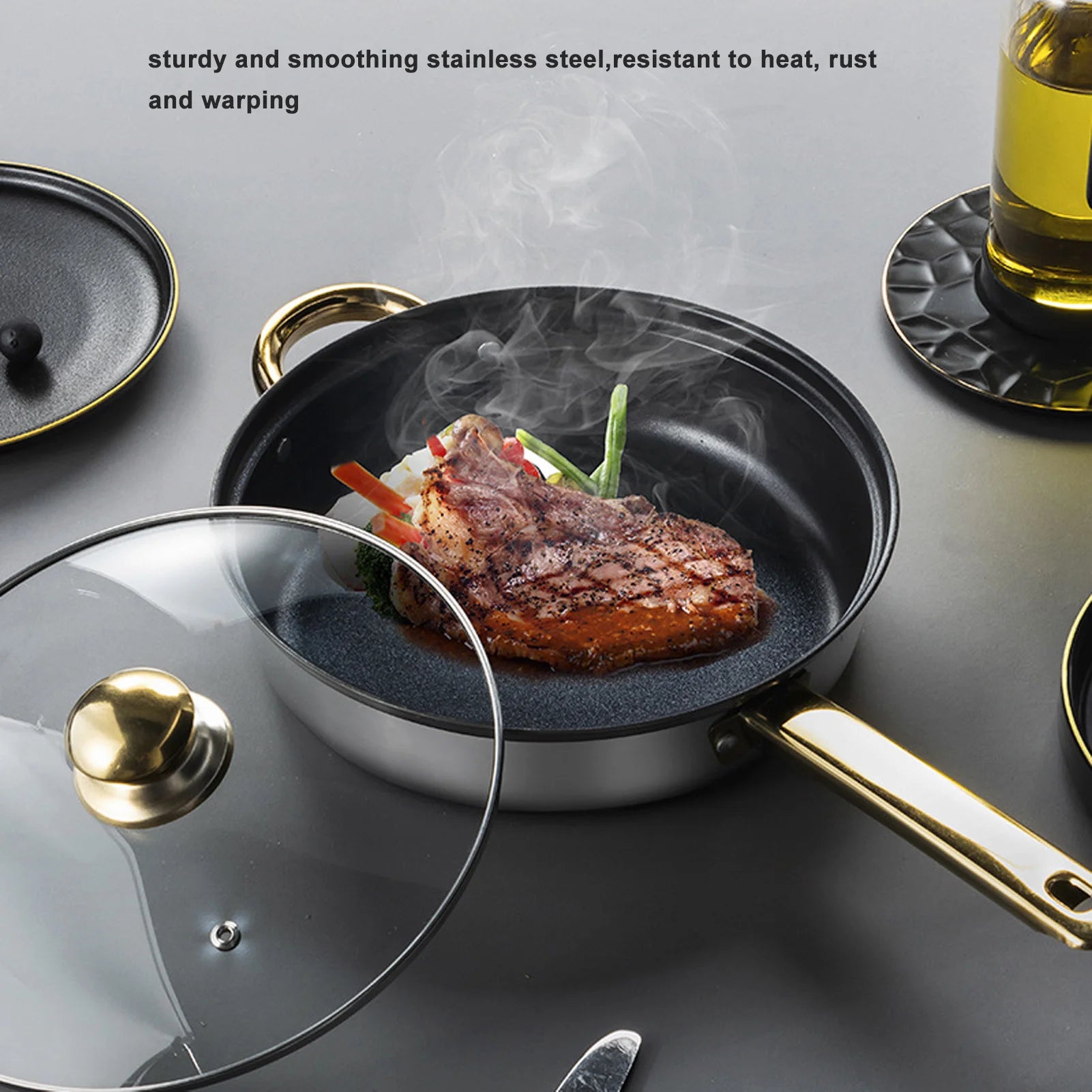 6-Piece Stainless Steel Cookware Set with Gold Handles
