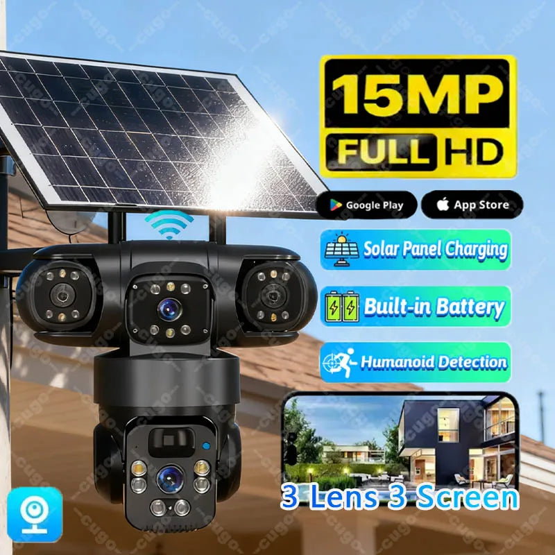 15MP 8K Solar Security Camera Outdoor – Triple Lens WiFi IP Camera with Night Vision, Two-Way Audio, Human Detection, Waterproof Wireless CCTV Surveillance System