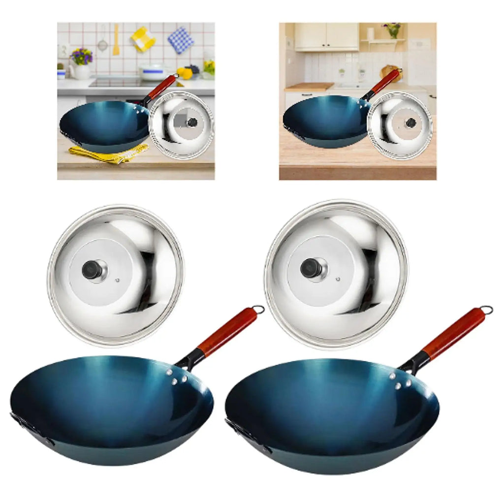 Wok Pan Chef with Wood Handle for Induction Cooker with Lid Traditional Wok for Kitchen Household Home Restaurant Cooking