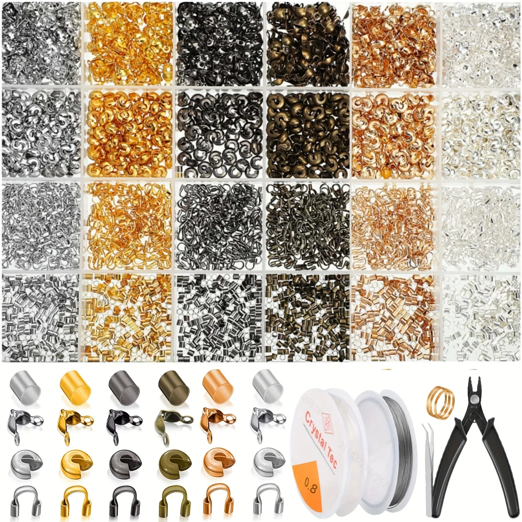 DIY Jewelry Kit - 1800pcs Brass Findings: Crimp Beads, Wire Guardians, Tubes