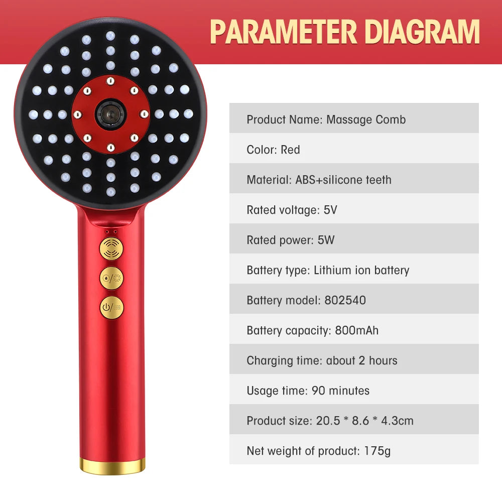 Deep Kneading Massage Comb, Red Light Therapy Scalp Massager