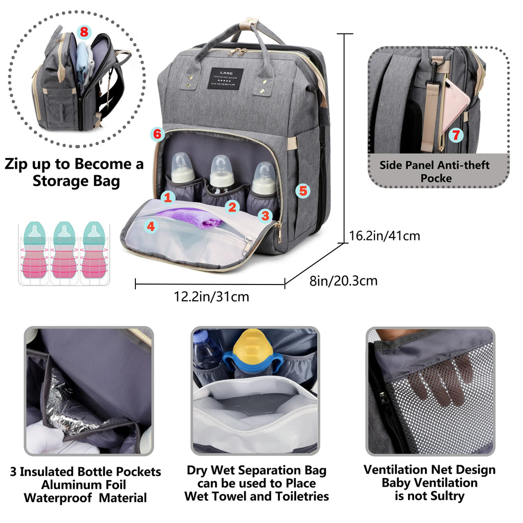 Foldable and Portable Mommy Backpack - with Crib Bed, Straps Large Capacity Diaper Bag
