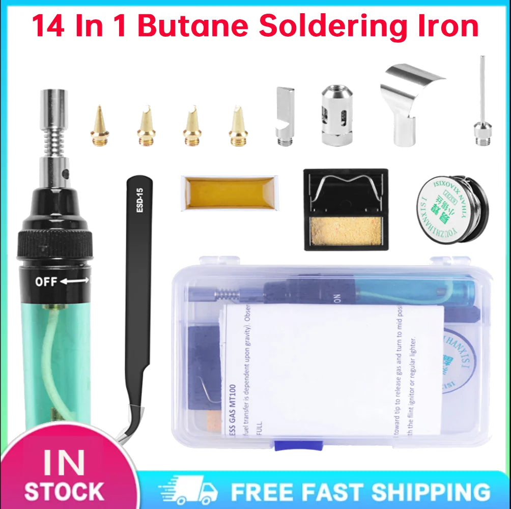Cordless Butane Soldering Iron Kit Adjustable Flame MT-100 14 in 1
