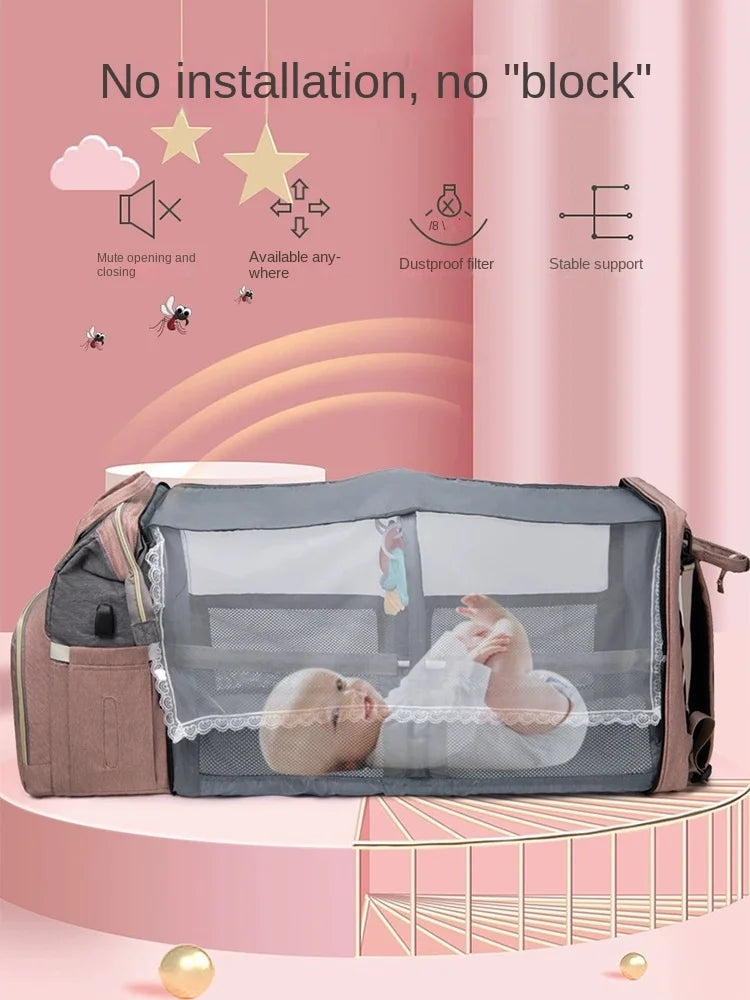 Foldable and Portable Mommy Backpack - with Crib Bed, Straps Large Capacity Diaper Bag