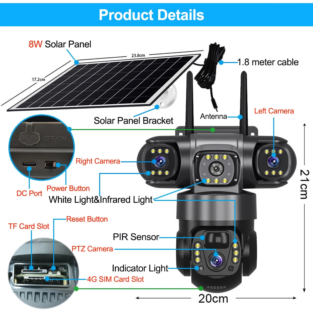 Solar Security Camera Outdoor 15MP 8K  – Triple Lens WiFi IP Camera with Night Vision