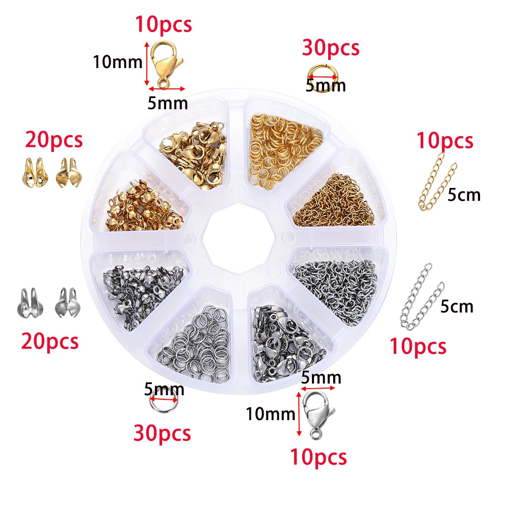 210–400PCS Jewelry Findings Starter Kit – Lobster Clasps, Jump Rings, Crimp Ends & Beads Set