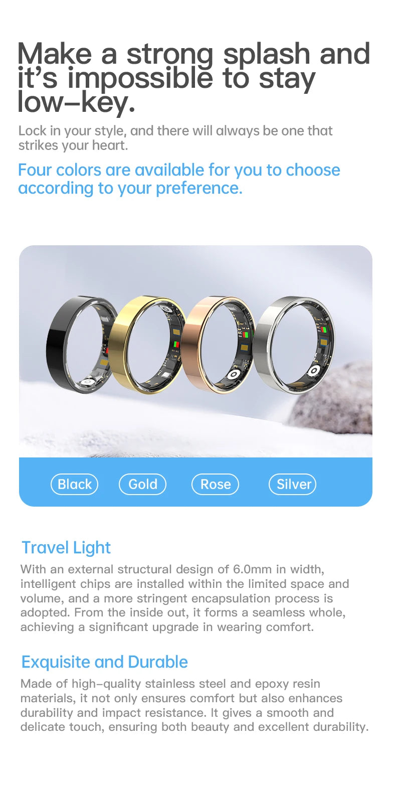 Smart Ring Bluetooth Call Heart Rate Blood Pressure Monitor 5ATM Waterproof